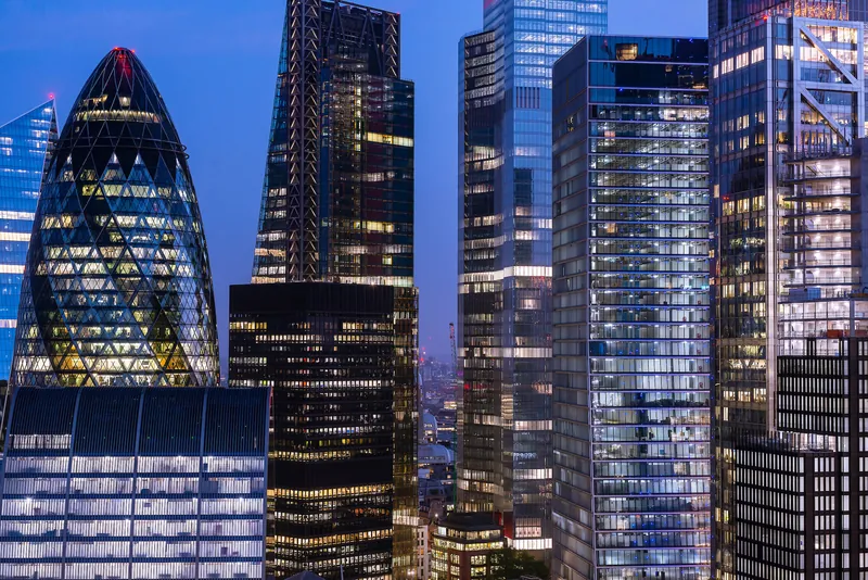 City financial district at dusk
