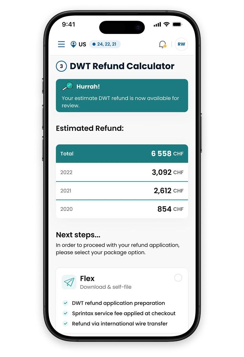 The Sprintax Dividends DWT refund calculator, showing an estimated refund by tax year