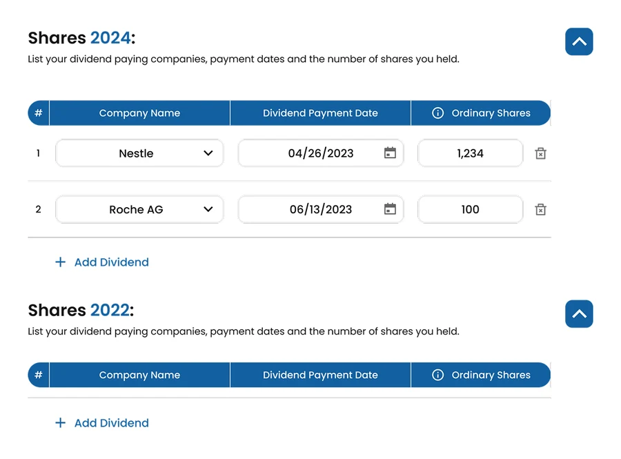 Entering shareholdings and dividend payments by tax year