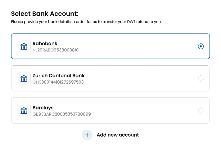 Selecting a bank account for the DWT refund