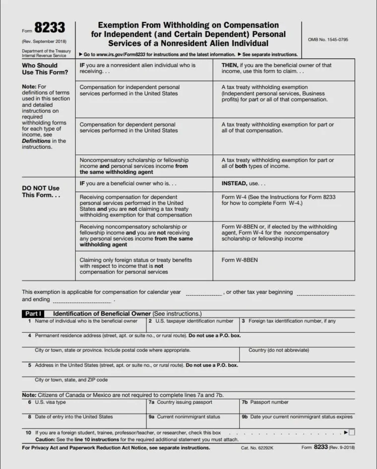 IRS Form 8233, page one
