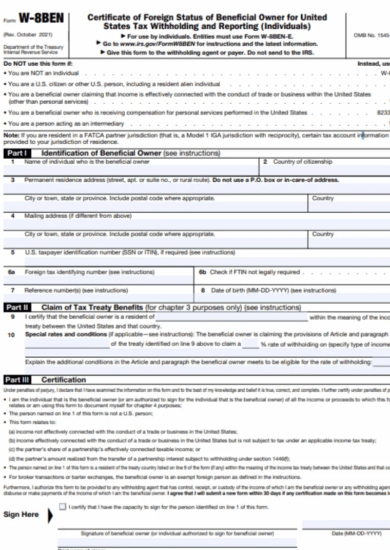 IRS Form W-8BEN, page one