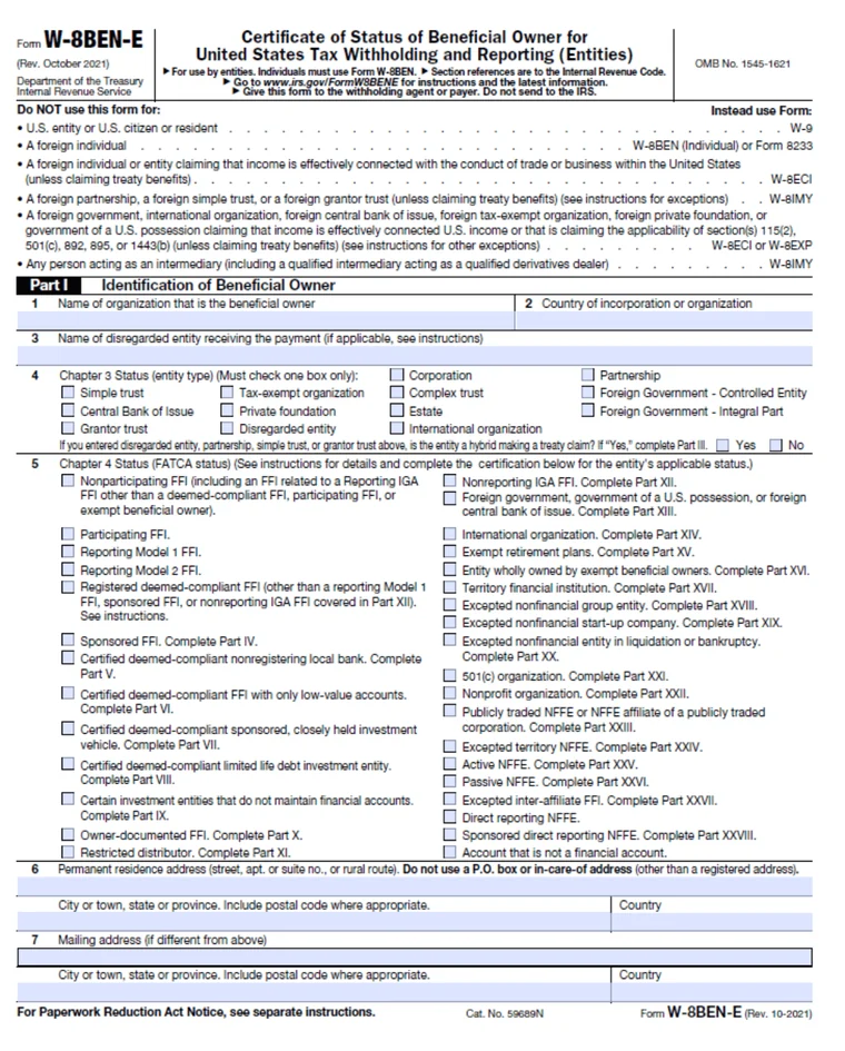 IRS Form W-8BEN-E, page one