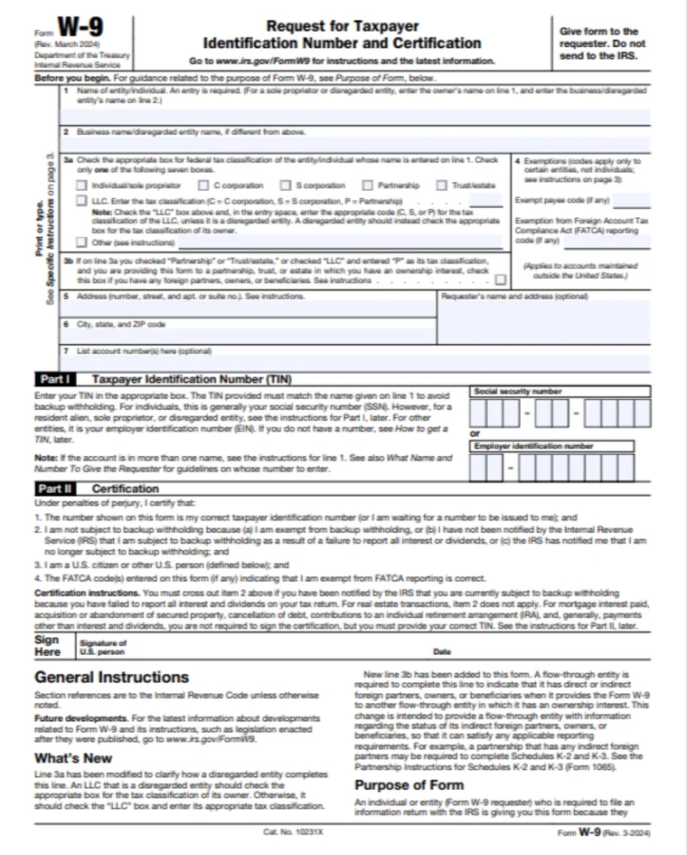 IRS Form W-9, page one