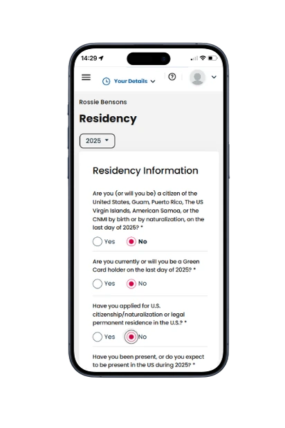Sprintax Forms on a phone, showing the residency determination step