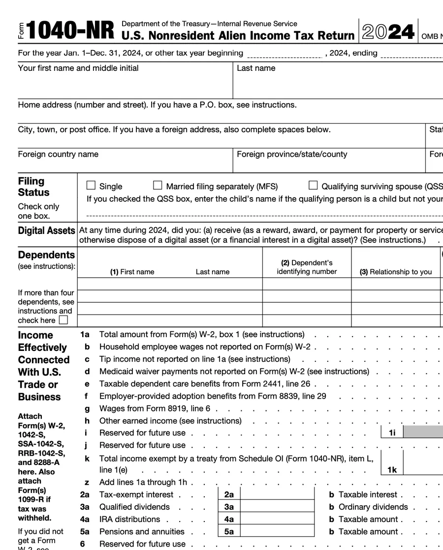 IRS Form 1040-NR, page one