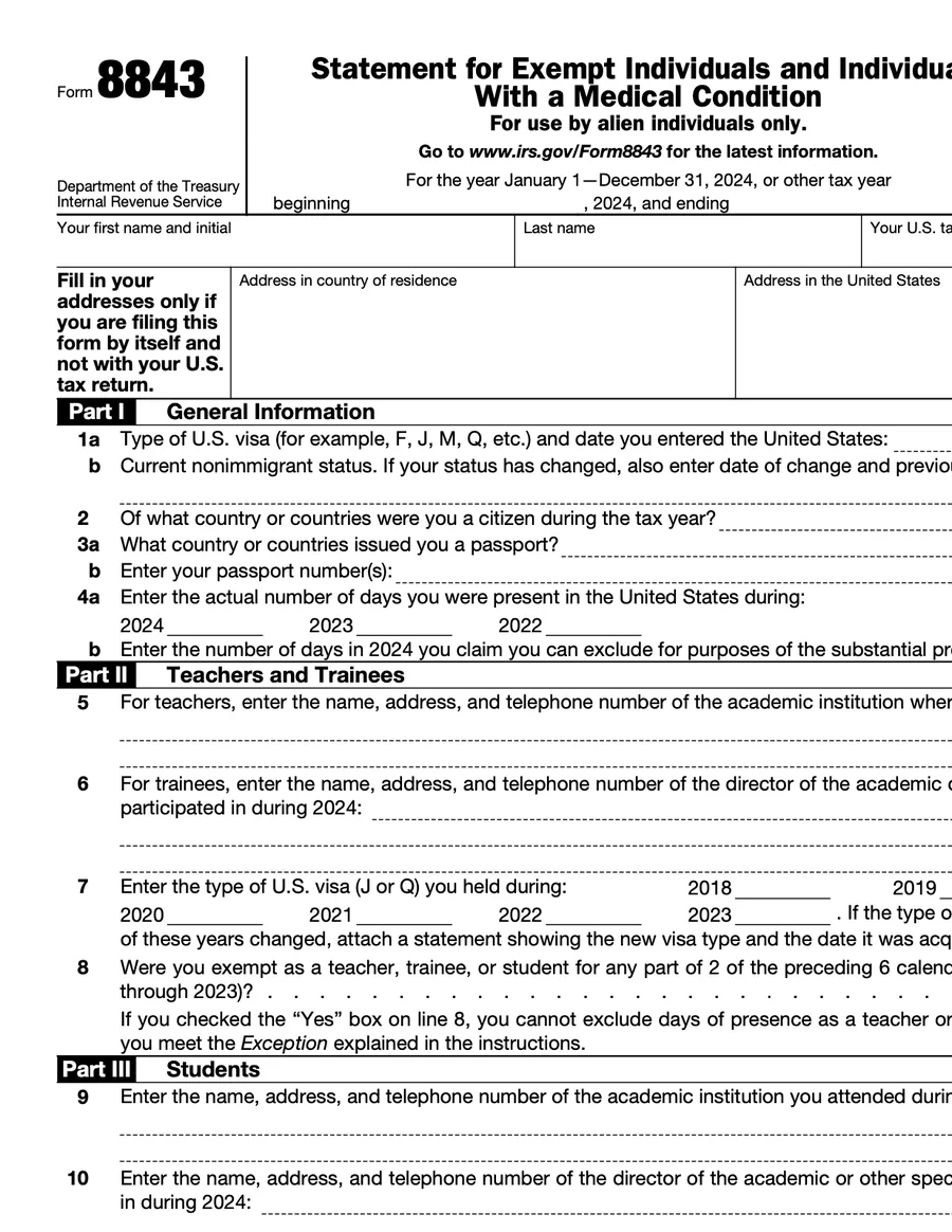 IRS Form 8843, page one