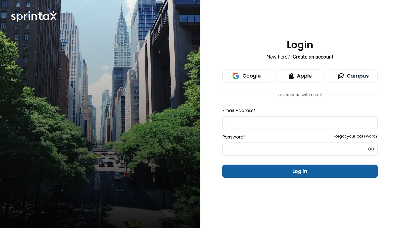 Sprintax Returns sign-in screen