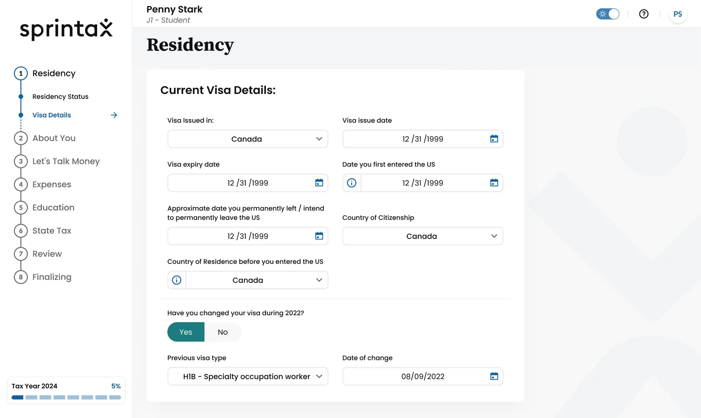 Entering visa and residency details in Sprintax Returns